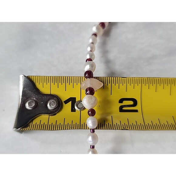 925 Sterling Silver Rose Quartz Garnet & Pearl Beaded Necklace Vintage - Picture 10 of 10